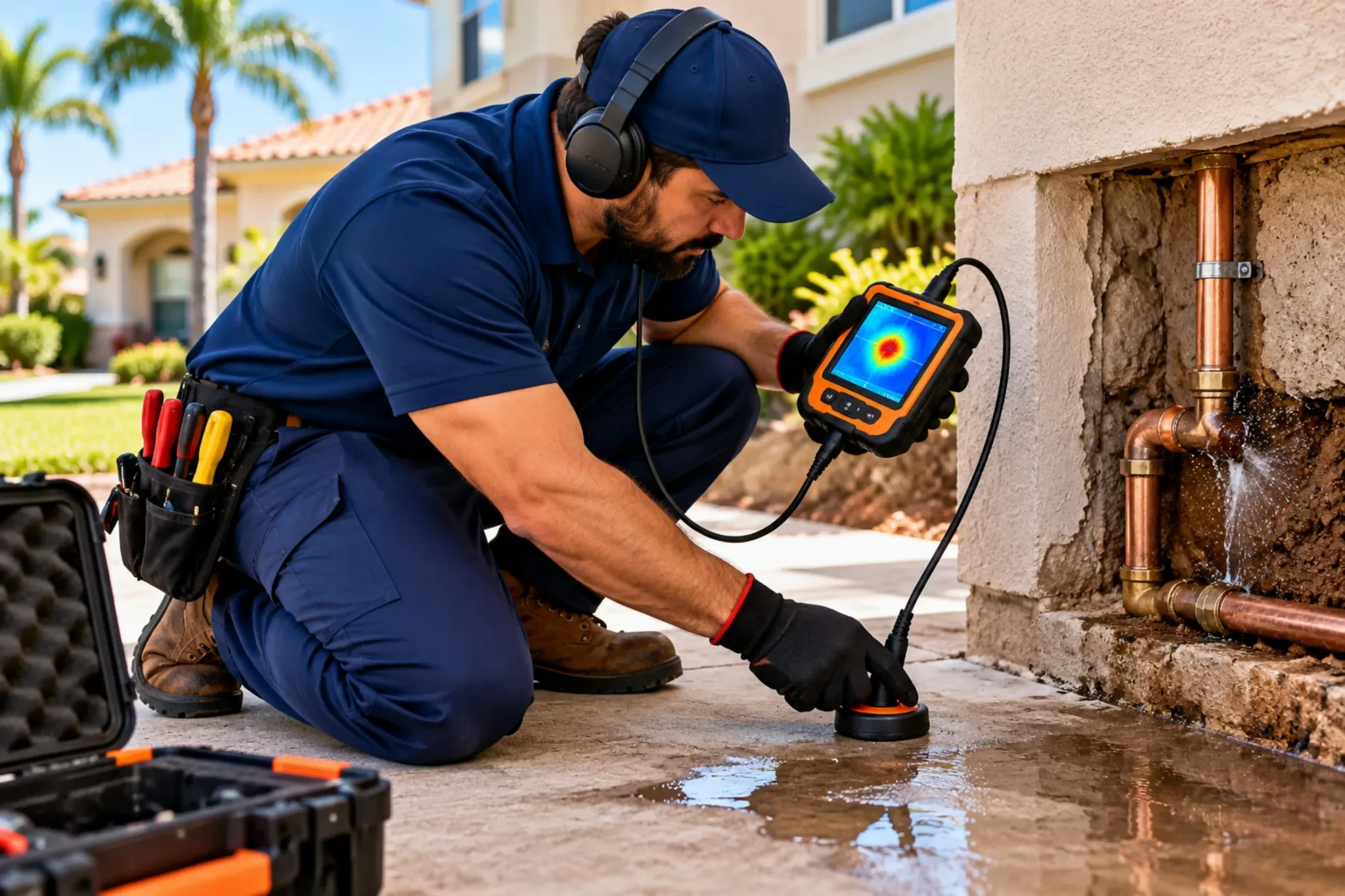 Electronic leak detection equipment diagnosing hidden plumbing leaks in Brownsville