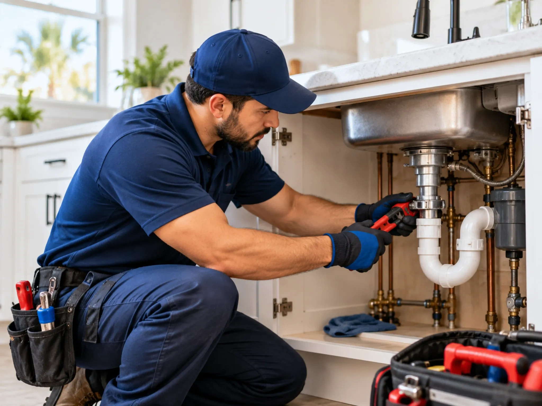 Plumbing technician performing diagnostic pipe repairs in Brownsville